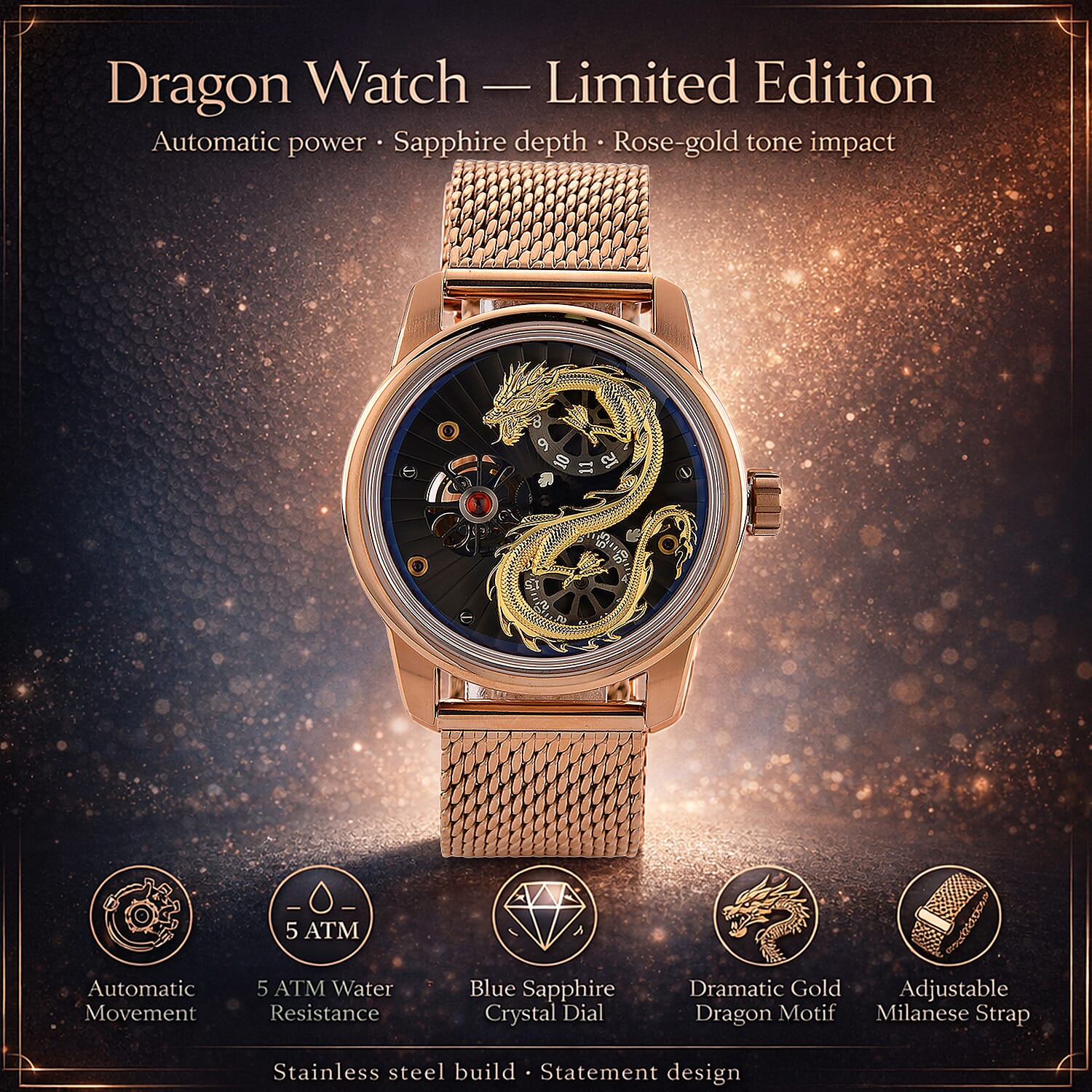 Limited Edition William Hunt London Dragon Watch with Automatic Movt. 5 ATM Water Resistancy, Blue Sapphire Crystal Dial and Adjustable Milanese Strap
